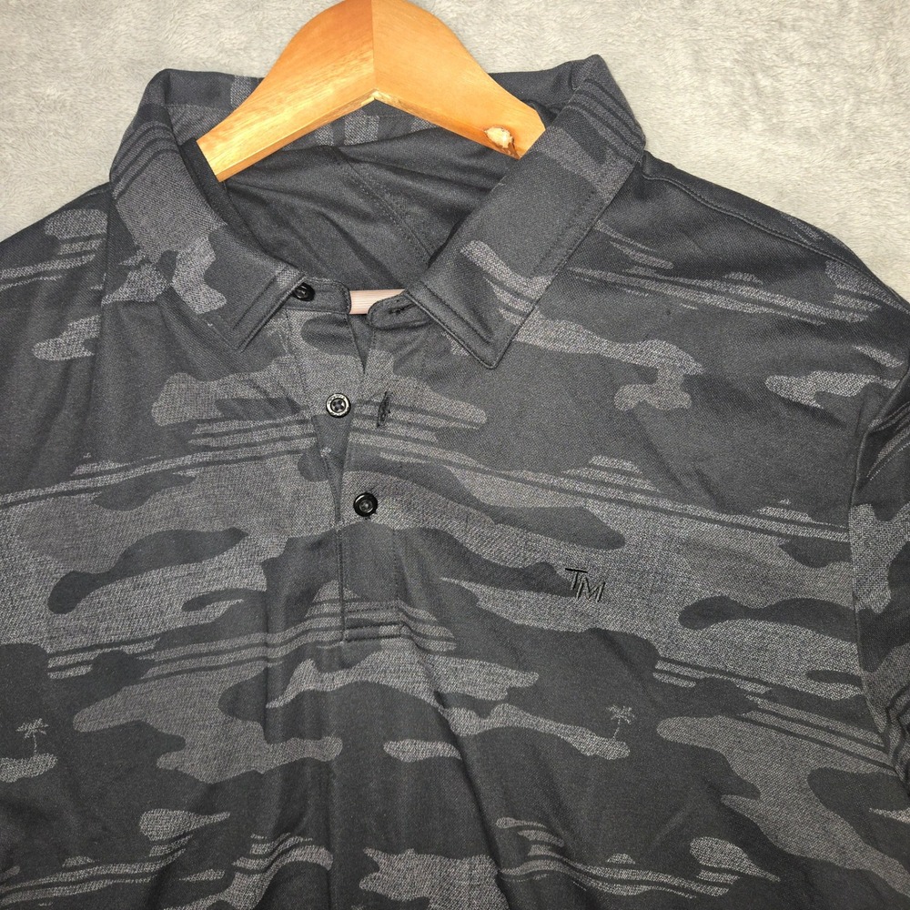 TravisMathew Mens XXL Grey Camo Palm Tree Short Sleeve Hooded Polo Shirt A42474